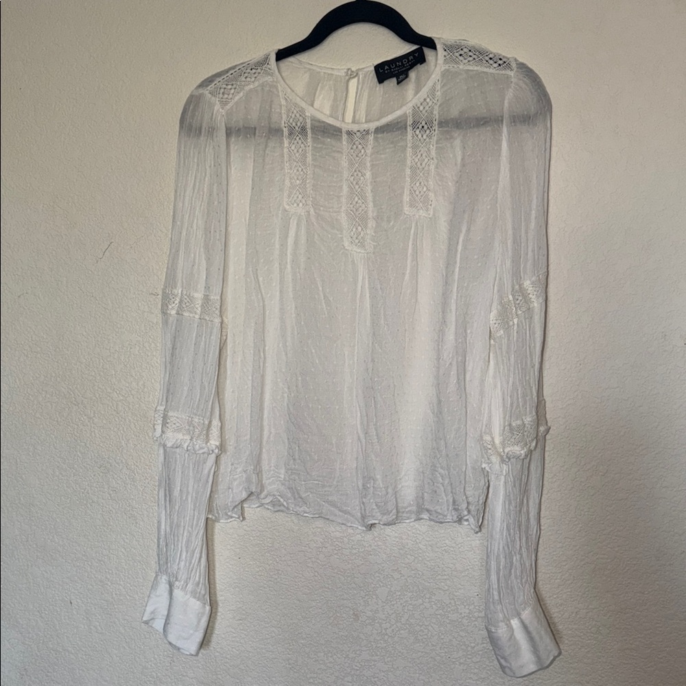 Club Monaco White Lace-Detail Sheer Peasant Blouse